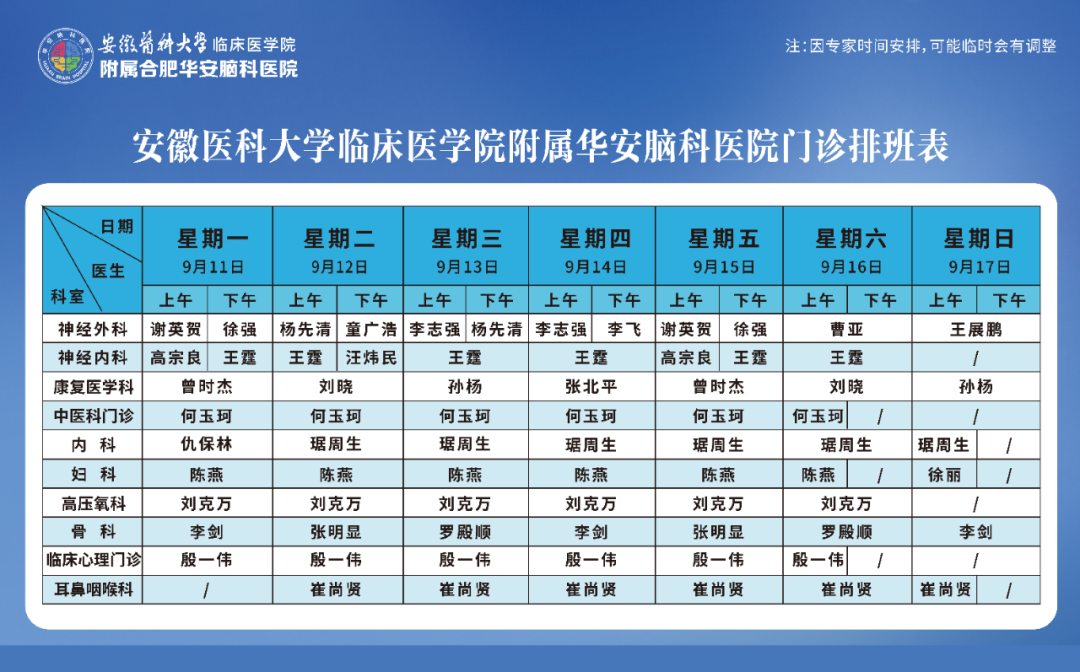 【专家坐诊】华安脑科医院 2023年9月11日&mdash;9月17日门诊排班表 