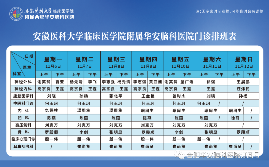 【专家门诊】华安脑科医院2023年11月6日&mdash;11月12日门诊排班表