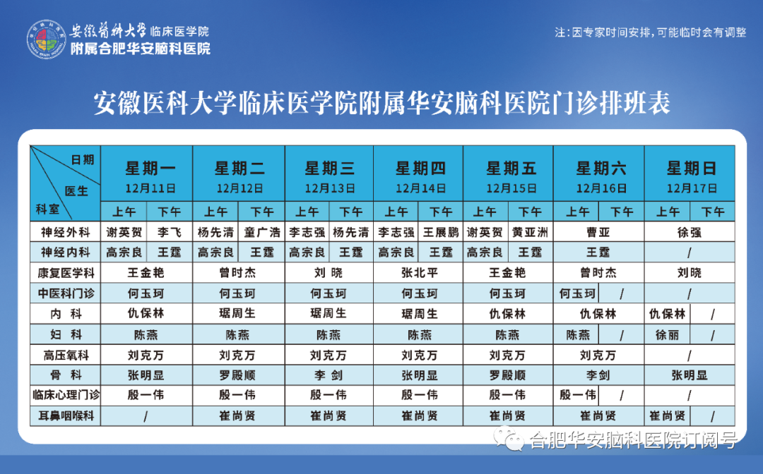 【专家门诊】华安脑科医院2023年12月11日&mdash;12月17日门诊排班表