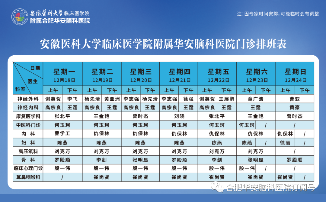 【专家门诊】华安脑科医院2023年12月18日&mdash;12月24日门诊排班表